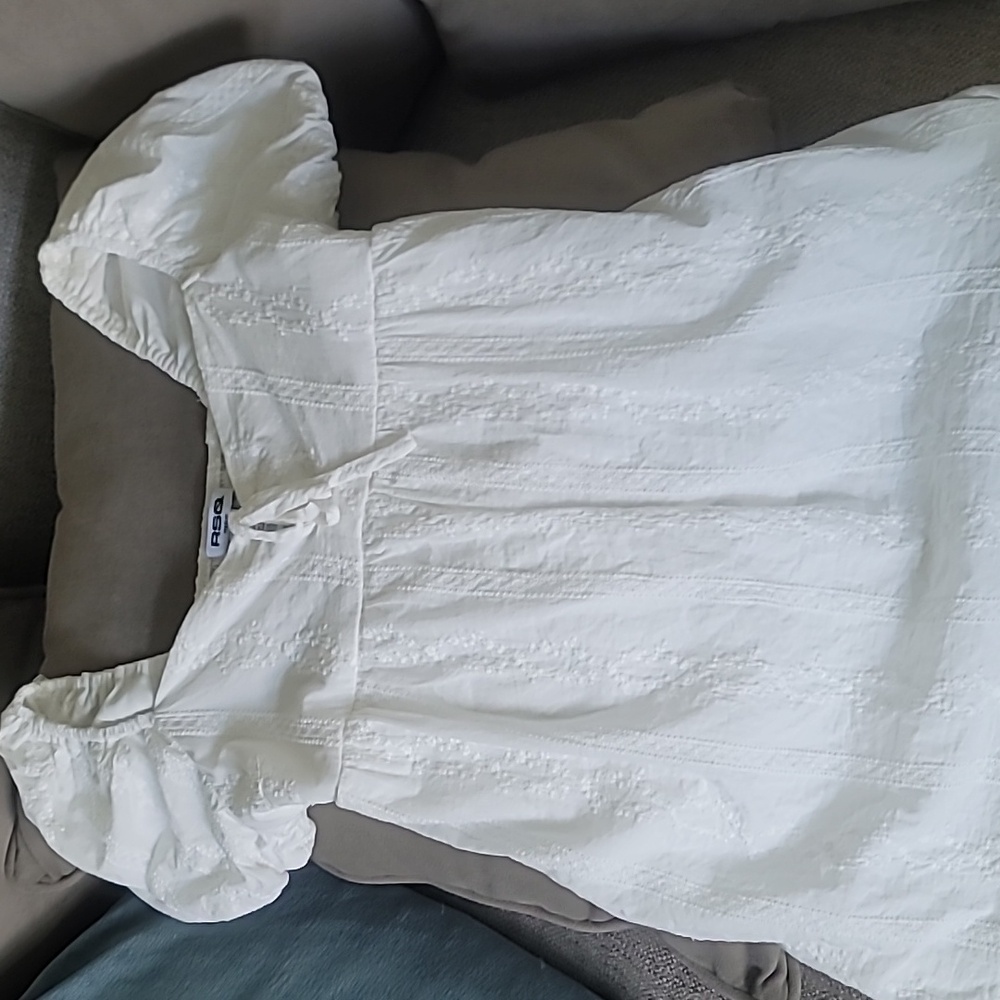 RSQ Women's Mini Dress Medium Embroidered White Puff Sleeve Cottage Babydoll